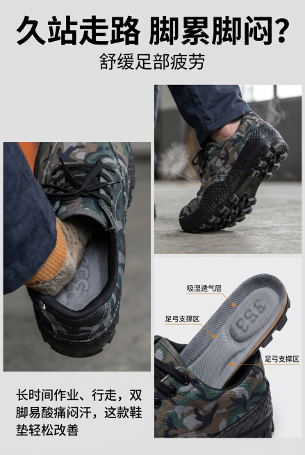 第2屏痛点共鸣，浅灰背景，简约场景拼接，突出久站、闷脚状态。主色调深灰炭灰色，辅助色低饱和藏青哑光黑，点缀色低饱和深橙土黄，工装硬核风，低饱和不花哨，自然光实拍。主标题"久站走路 脚累脚闷？"，副标题预览效果