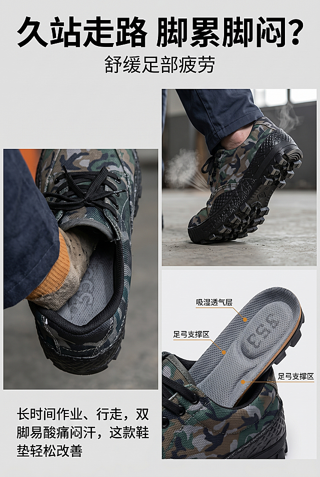 第2屏痛点共鸣，浅灰背景，简约场景拼接，突出久站、闷脚状态。主色调深灰炭灰色，辅助色低饱和藏青哑光黑，点缀色低饱和深橙土黄，工装硬核风，低饱和不花哨，自然光实拍。主标题"久站走路 脚累脚闷？"，副标题"舒缓足部疲劳"，核心文案"长时间作业、行走，双脚易酸痛闷汗，这款鞋垫轻松改善"