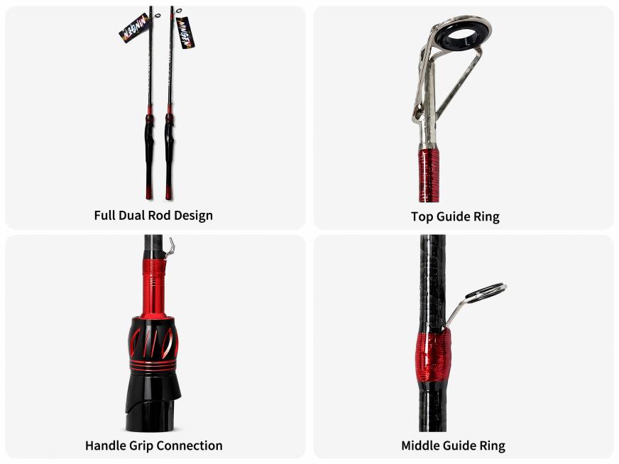 [第4屏] 2×2 four-grid core detail page, each grid displays one key detail of the sea fishing rod. This预览效果