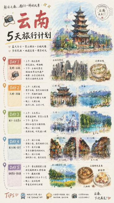 参考原图排版，生成一张云南5天旅行攻略水彩手绘手账海报。主标题是“云南5天旅行计划”，副标题“彩云之南，遇见不一样的风景”，整体为水彩手绘旅行手账风格，排版分区清晰，包含每日行程安排，绘制云南特色景点预览效果