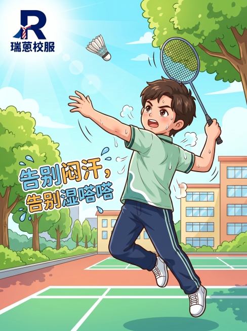 卡通风格，男孩穿着高明区瑞蒽校服，索罗娜面料浅绿色polo加深蓝色运动裤，进行羽毛球运动，扣球动作，左上角加上瑞蒽校服logo，配文字"告别闷汗，告别湿嗒嗒"，文字简洁卡通，校园羽毛球场背景，色彩明亮预览效果