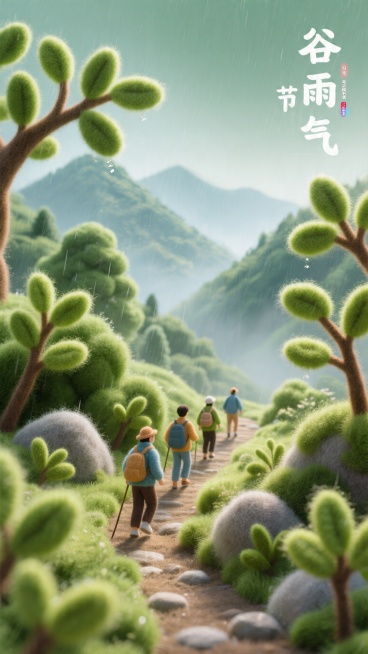 3D毛毡风格，谷雨节气山间徒步场景，嫩绿的新叶和朦胧春雨，人们在山间步道徒步，整体清新自然，不包含任何文字，作为公众号海报背景预览效果