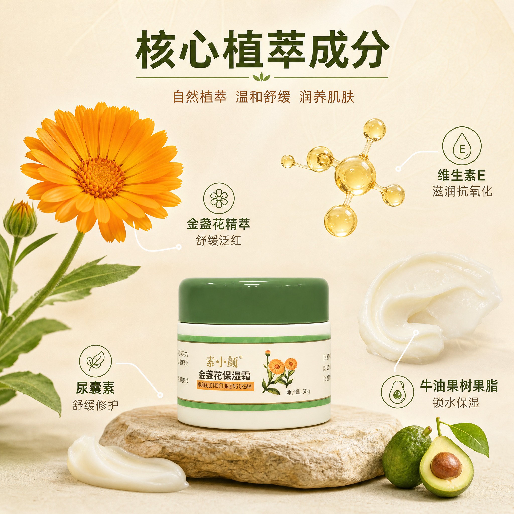 [主图-2] 核心成分解析，展示金盏花等核心成分，强调温和舒缓… - 图片创意预览