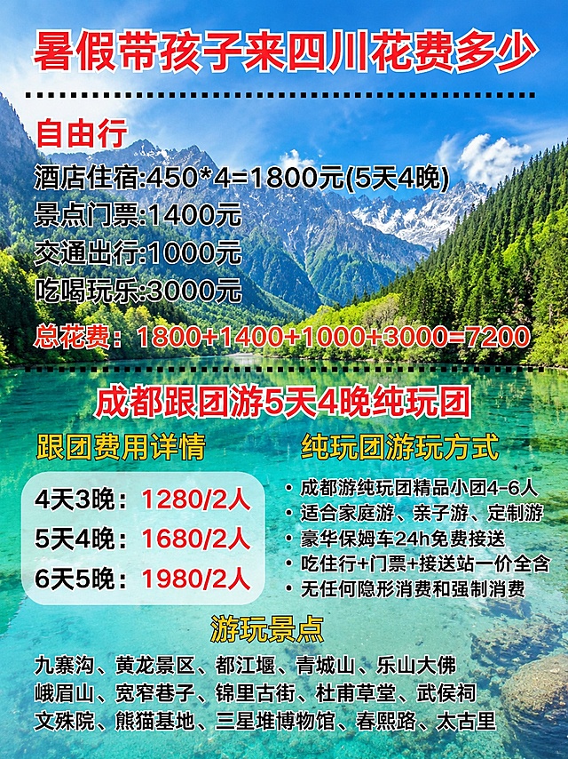 保留所有文字和原有排版布局不变，将背景替换融合为四川九寨沟特色自然山水蓝天美景，提升画质到4K高清