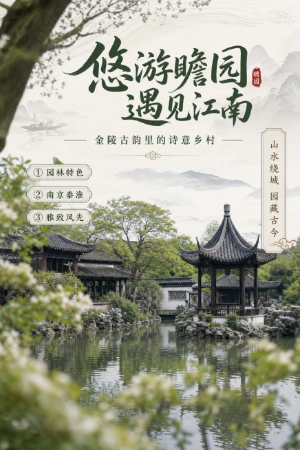中式国风写实摄影风格，瞻园江南园林乡村宣传海报，主视觉为雅致古园林山水风光，水墨雅致氛围。画面包含清晰文字：主标题“悠游瞻园 遇见江南”，副标题“金陵古韵里的诗意乡村”，装饰文案“山水绕城 园藏古今”预览效果
