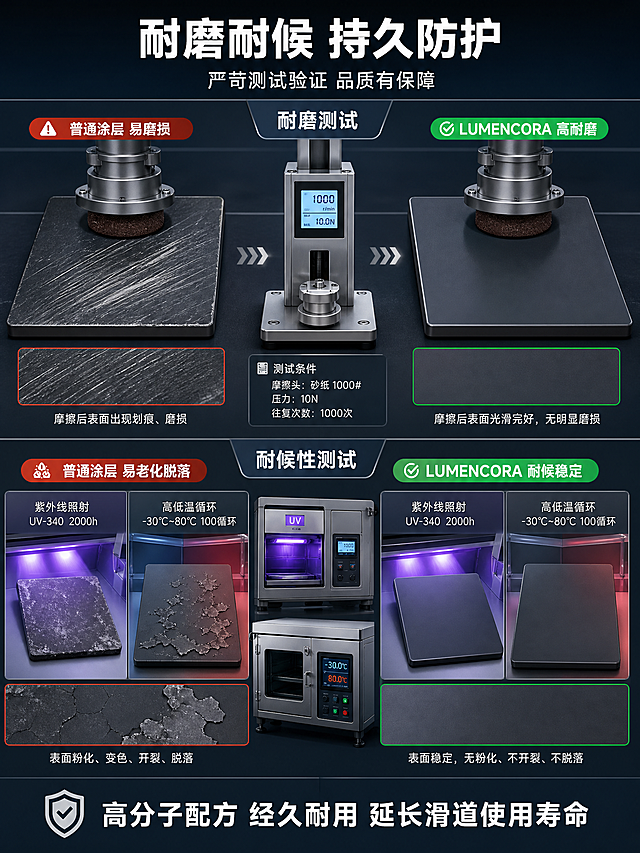 [第8张] 功能测试-耐磨耐候性能可视化测试对比。本张不展示产品包装，以测试实验场景为主。
[氛围/风格] 实验测试风，深灰蓝背景，专业严谨，数据感强。
[元素布局] 画面上半部分为耐磨测试示意：左侧是普通涂层经过摩擦测试后表面有划痕磨损，右侧是LUMENCORA涂层经过相同测试后表面依然光滑完好；中间有摩擦测试装置或砂纸摩擦的示意图形；下半部分为耐候性测试示意：左右对比紫外线照射/高低温循环后的涂层状态，本品保持稳定不脱落不开裂；画面中加入测试仪器或实验器皿的元素增强真实感。
[光影质感] 实验台灯光效果，测试样品清晰可见，磨损处有细节纹理，整体有实验室专业氛围。
[配色色系] 全局底色#1C2833；普通品区偏红灰#E74C3C标注；本品区偏绿#2ECC71标注；文字白色#FFFFFF；测试仪器金属灰。
[视角构图] 上下两组对比图，阅读动线顶部标题→上组耐磨对比→下组耐候对比→底部结论。
[文字版式] 顶部大标题「耐磨耐候 持久防护」，副标题「严苛测试验证 品质有保障」；耐磨对比区左右分别标注「普通涂层 易磨损」「LUMENCORA 高耐磨」；耐候对比区标注「普通涂层 易老化脱落」「LUMENCORA 耐候稳定」；底部结论条「高分子配方 经久耐用 延长滑道使用寿命」；文字清晰专业。
[比例分辨率] 3:4竖版比例，4K分辨率，文字清晰可辨。
[负向提示词] 变形，水印，文字错乱，文字过小，模糊，杂乱。