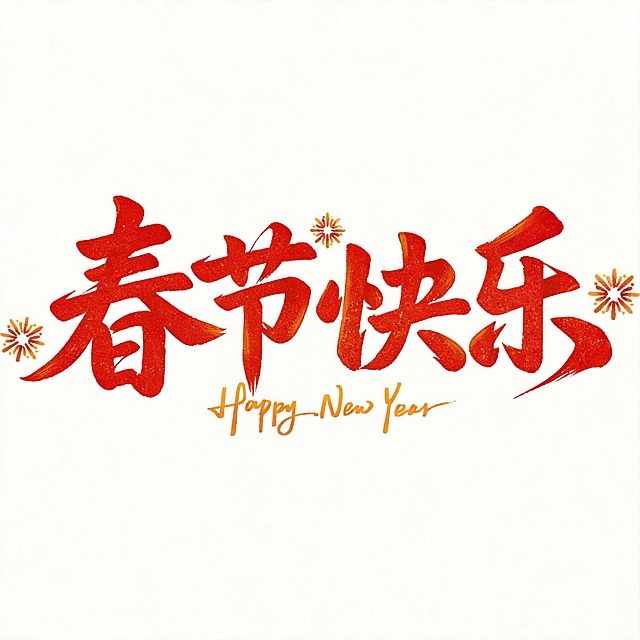 将文字替换为“春节快乐”，保持原有的红色毛笔书法字体风格、金色闪粉质感、烟花装饰和下方的英文手写字体风格