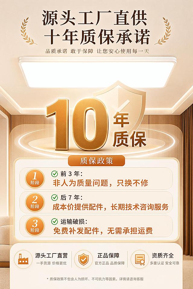 设计一张吸顶灯十年质保售后卖点的电商详情页图，采用参考图的暖色调风格，居中放大大号 “10 年质保” 视觉符号，下方分阶段展示质保政策，底部放置源头工厂直营、正品保障、资质齐全小图标。核心文案：
标题：源头工厂直供 十年质保承诺
质保政策：
✅ 前 3 年：非人为质量问题，只换不修
✅ 后 7 年：成本价提供配件，长期技术咨询服务
✅ 运输破损：免费补发配件，无需承担运费
背书：源头工厂直营 | 正品保障 | 资质齐全