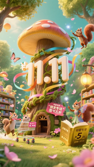 画面中央，巨型蘑菇屋喷出彩带，化作"11.11"的立体藤蔓，缠绕在发光的大树上。左侧，小动物们推着购物车狂奔，车轮溅起"第二件半价"的粉色花瓣，花瓣如蝴蝶般纷飞。右侧，精灵们挥舞魔法棒，将"母婴专享"预览效果