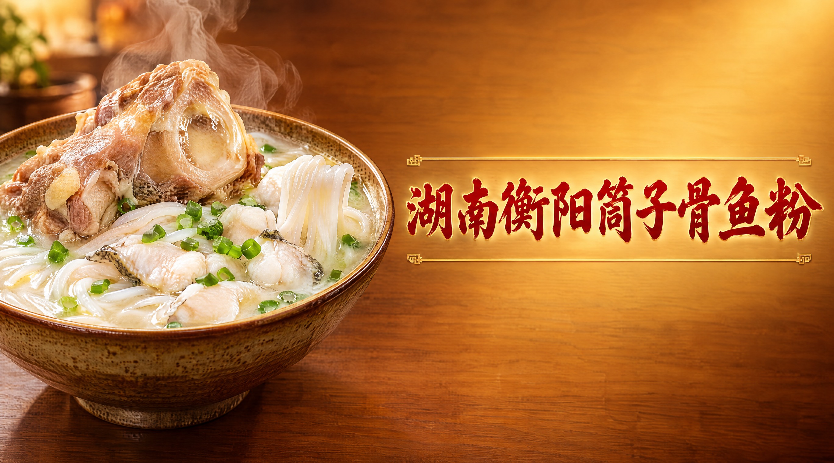 湖南衡阳筒子骨鱼粉店招设计，702x392横版构图。左侧是一碗… - 图片创意预览