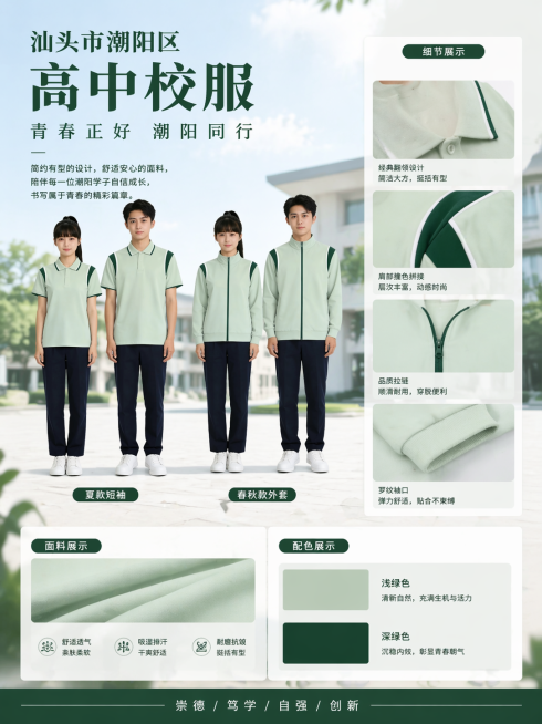 重新设计一张汕头市潮阳区高中校服宣传海报，风格大气高级，基于参考图中的浅绿搭配深绿撞色校服款式，包含短袖夏款和春秋款，海报上排版包含模特全身展示图、不显示校徽的校服局部细节图、面料展示板块、配色展示板预览效果