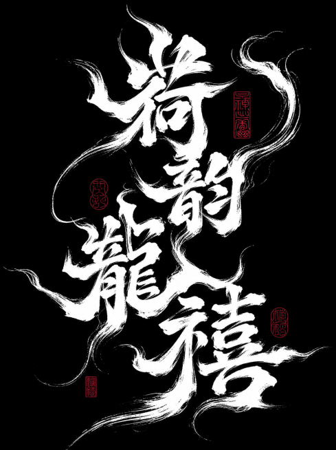 参考原图的书法风格，生成文字"荷韵龙禧"，采用国风水墨书法风格，白色书法字体黑色背景，搭配红色篆刻印章，将字体笔画做夸张的飞白和笔触处理，风格比原图更加张扬夸张预览效果
