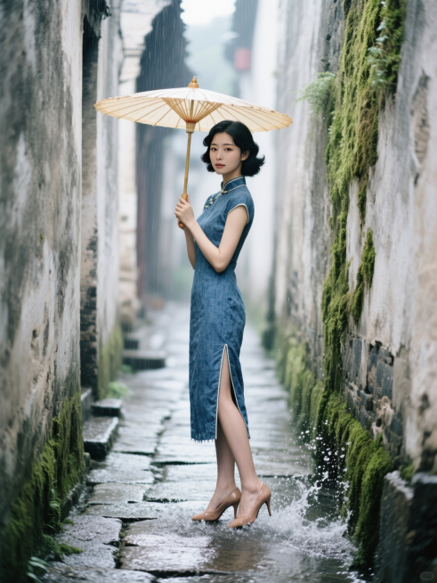 蓝布旗袍少女撑油纸伞，站在雨巷石板路，高跟鞋边溅起水花，墙缝生着青苔预览效果