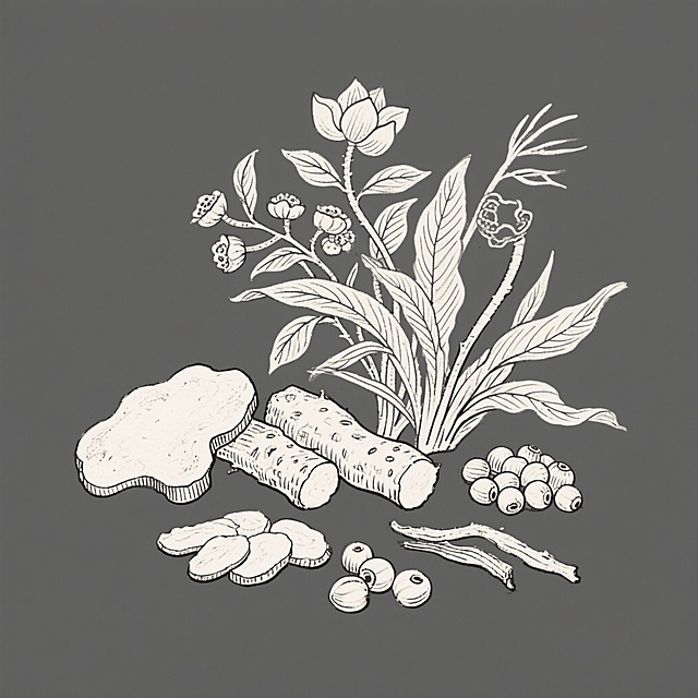 设计4款草本插画，以茯苓、山药为主，搭配芡实、莲子等植物组合成药食同源插画