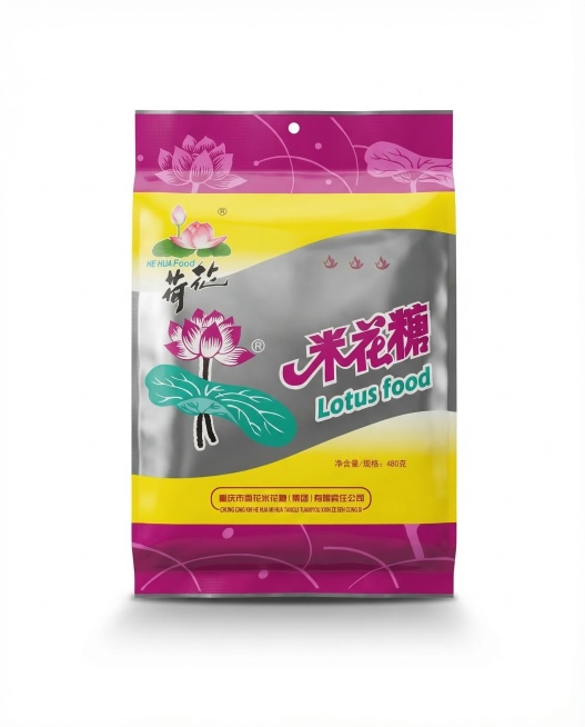 对这款米花糖包装袋进行商品精修：超清画质，智能降噪，细节锐化，8k分辨率，商业棚拍光，体积光，柔和阴影，消除包装袋表面褶皱，表面绝对平整，商业蒸汽熨烫，纯白背景，真实接触阴影，禁止拉伸变形，禁止无中生预览效果