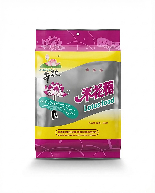 对这款米花糖包装袋进行商品精修：超清画质，智能降噪，细节锐化，8k分辨率，商业棚拍光，体积光，柔和阴影，消除包装袋表面褶皱，表面绝对平整，商业蒸汽熨烫，纯白背景，真实接触阴影，禁止拉伸变形，禁止无中生有，保留包装袋所有文字和图案细节
