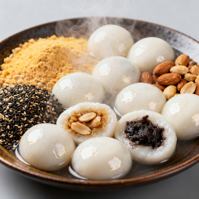 多种口味的美味元宵，有芝麻馅、花生馅、豆沙馅等，元宵色泽洁白圆润，摆放精美，热气腾腾，看起来软糯香甜预览效果