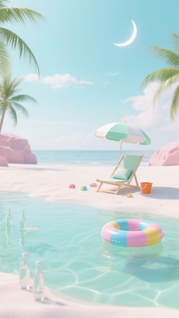 3D渲染风格的夏日海滩场景，以柔和的薄荷绿与淡粉色为主色调，搭配纯净的白色和清澈的浅蓝色，营造出清爽宁静的氛围。画面采用极简构图，大面积留白，上方是广阔的淡蓝色天空，点缀着少量轻盈的白云和一轮淡淡的弯月。前景中，清澈的浅水区边缘散落着几个透明玻璃水瓶，旁边是一个粉蓝黄相间的游泳圈漂浮在水面上。中景的沙滩上，放置着一张浅色木质躺椅，配有同色系的靠垫，旁边是一把薄荷绿与白色相间的遮阳伞，伞下散落着……预览效果