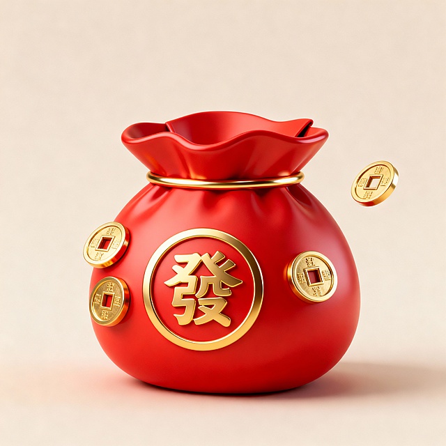 圆润的红包造型，中间的圆圈里面有一个一个發字，左右2侧个围绕一枚铜钱，造型简洁一点