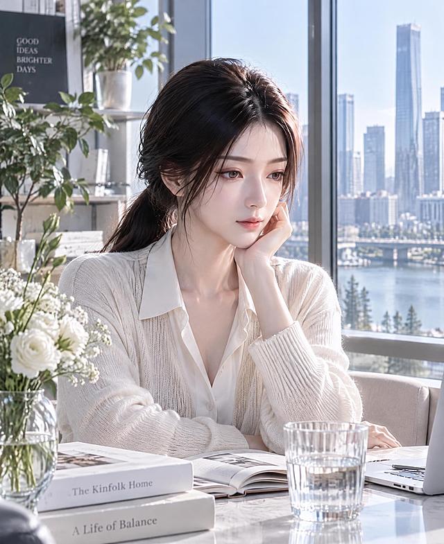 基于参考图中的女子，保留其面部特征和五官样貌，重新设计神态为温柔清冷、眼神澄澈淡然的白月光气质，发型改为现代都市简约低马尾或自然垂坠长发，穿着简约高级的浅色系现代都市女装（米白或浅灰针织衫/衬衫）。场景为现代都市清新场景：落地窗边的明亮公寓或城市咖啡馆露台，窗外是通透的现代城市天际线，室内有绿植、简约家具、透明玻璃器皿、散落的书本，场景内容丰富自然。整体冷白清透色调，绝对禁止任何泛黄暖色调滤镜，无复古感，超写实照片质感，自然光柔和通透，冷调白光，画面干净清透，高级感，写实摄影，8K细节，皮肤质感真实自然