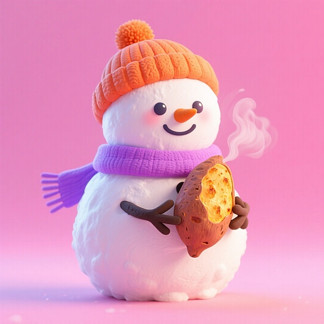 软3D风雪人拟人化设计，戴橙色毛线帽与紫色围巾，手捧热红薯，蒸汽袅袅，粉色背景营造梦幻温馨氛围，充满节日趣味与可爱感。