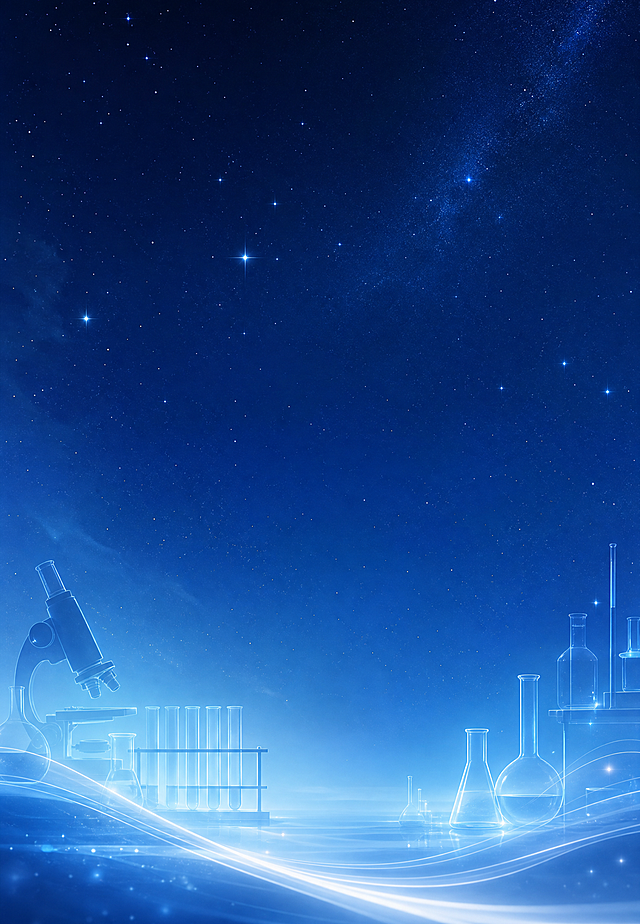 简约校园星光与实验室光影底纹背景图，深蓝色渐变底色，点缀微弱星光粒子和实验室仪器轮廓光影，清新励志氛围，适配校园环境，纯净背景无人物无文字，蓝白为主色调，星光点点，实验室玻璃器皿、试管、显微镜等轮廓以微光形式隐约浮现，画面干净有层次，2K超高清画质