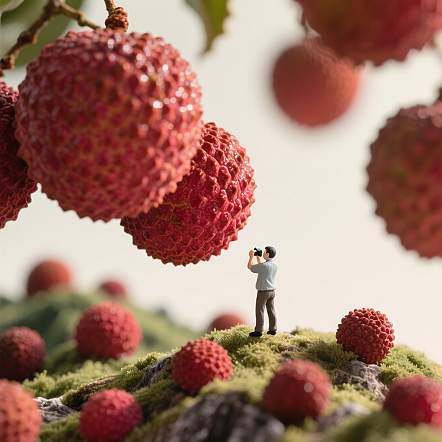 山上有很多荔枝，人站在山上拍照，给荔枝一个大大的特写