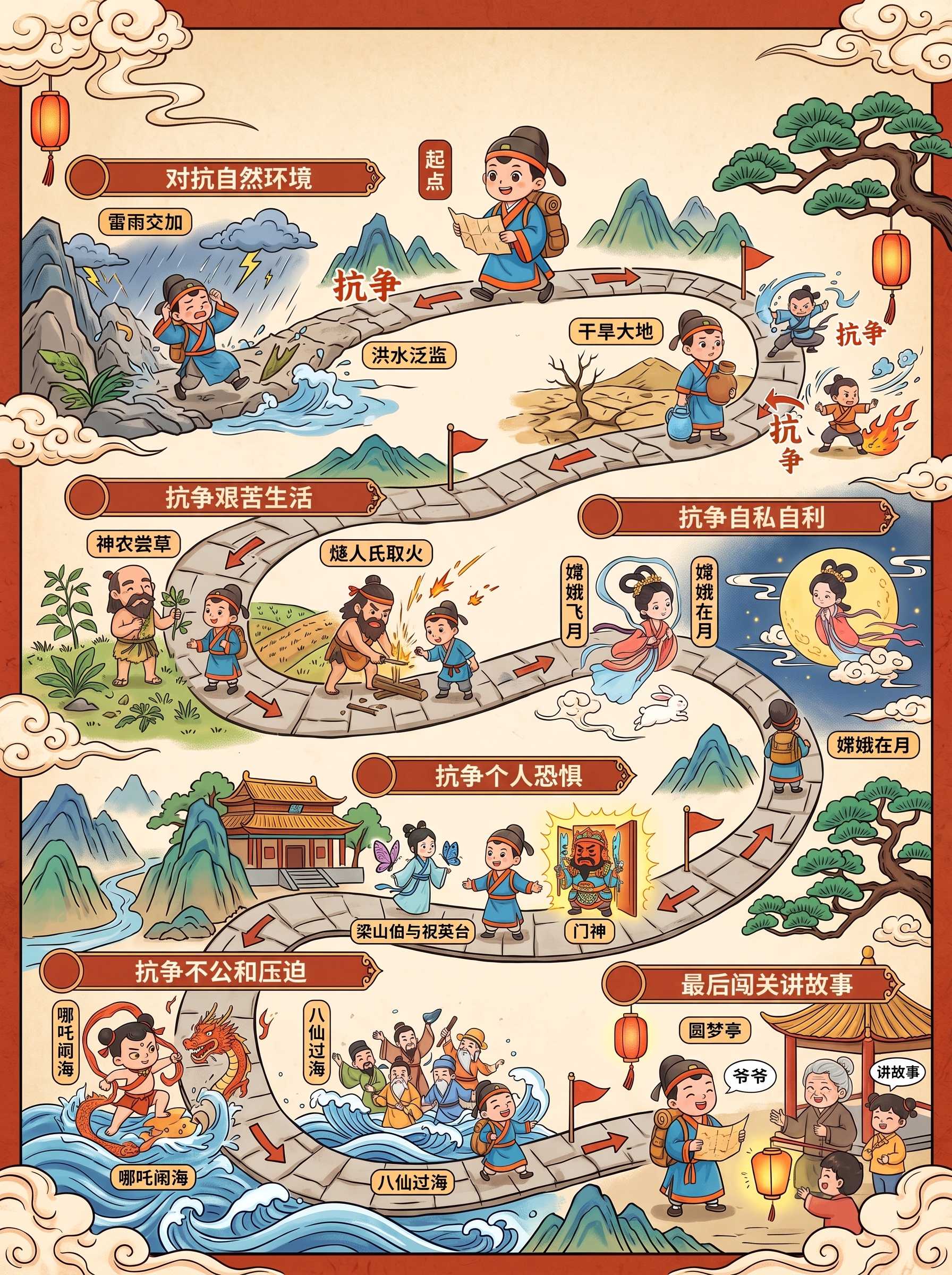 修改这张中国风孩子行走闯关地图，去掉所有标题中第一、二、三、四… - 图片创意预览