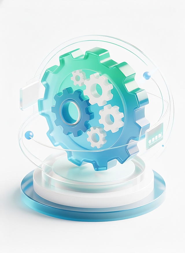 2.5D等距立体风格的科技图标，蓝绿色渐变主色调，半透明玻璃质感，柔和阴影效果，图标放置在双层圆形底座上，周围有几何线条、光点和动态光晕等科技感装饰元素，整体精致、现代、富有层次感，纯白色背景，图标内容为多个大小不同齿轮组成的齿轮箱
