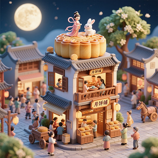 3D渲染的微缩风格场景，主体是两个月饼造型的巨大建筑，楼顶上站着嫦娥和玉兔，建筑为两层结构，一层是商铺入口，上方有写着“月饼铺”的牌匾，门口有木质展示柜，里面摆放着售卖的月饼，顾客来往不息，二层的木窗打开，人们在里面品茶吃月饼，周围街景环绕着各种古建、马车和人群，背景是圆月和桂花树，整体气氛热闹、有序、幸福，光线温暖柔和，色彩鲜明
