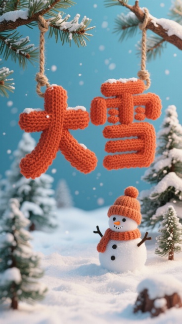 画面中央为橙红色针织质感的 “大雪” 立体字（通过麻绳悬挂于松枝间），下方雪地场景中有一个戴针织帽的雪人、积雪松树，冬日氛围预览效果