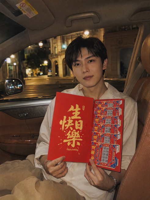 年轻帅气男生坐在轿车副驾驶，身穿白衣卡其裤，双手拿着左右并排打开的红包，左页印着金色的"生日快乐"文字，右页排列着彩票，保留红包原排版设计。场景是夜晚城市车内，棕褐色真皮内饰，车窗外是欧式街景，暖黄色预览效果