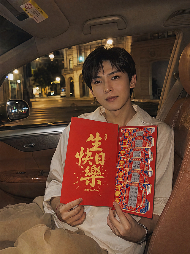 年轻帅气男生坐在轿车副驾驶，身穿白衣卡其裤，双手拿着左右并排打开的红包，左页印着金色的"生日快乐"文字，右页排列着彩票，保留红包原排版设计。场景是夜晚城市车内，棕褐色真皮内饰，车窗外是欧式街景，暖黄色路灯光影，氛围感夜景。高清写实人像摄影，胶片氛围感，低饱和暖暗调，保留细节质感，竖版中近景构图，人物居中，红包为视觉焦点，虚化窗外背景。