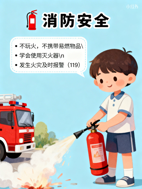 小红书3:4竖版宣传图，消防安全主题，浅蓝色背景。顶部标题"消防安全"配红色灭火器图标。左侧文字框内容："• 不玩火，不携带易燃物品\n• 学会使用灭火器\n• 发生火灾及时报警（119）"，右侧插画预览效果
