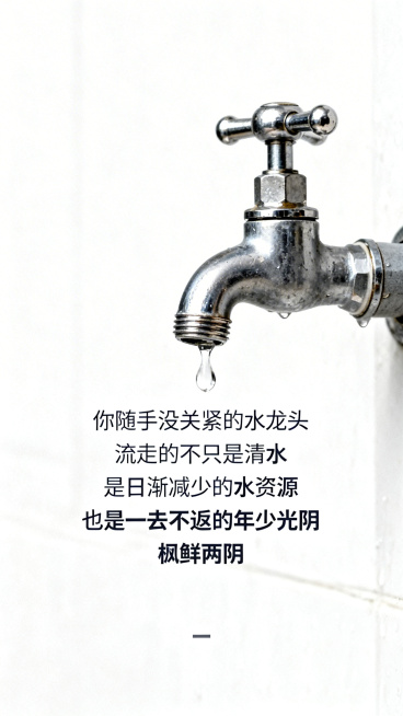 干净公益风背景，展示滴水的水龙头，居中放置正文“你随手没关紧的水龙头 流走的不只是清水 是日渐减少的水资源 也是一去不返的年少光阴 水会枯竭 青春亦会老去 没有什么能无限挥霍”，正文使用深灰色，风格简预览效果