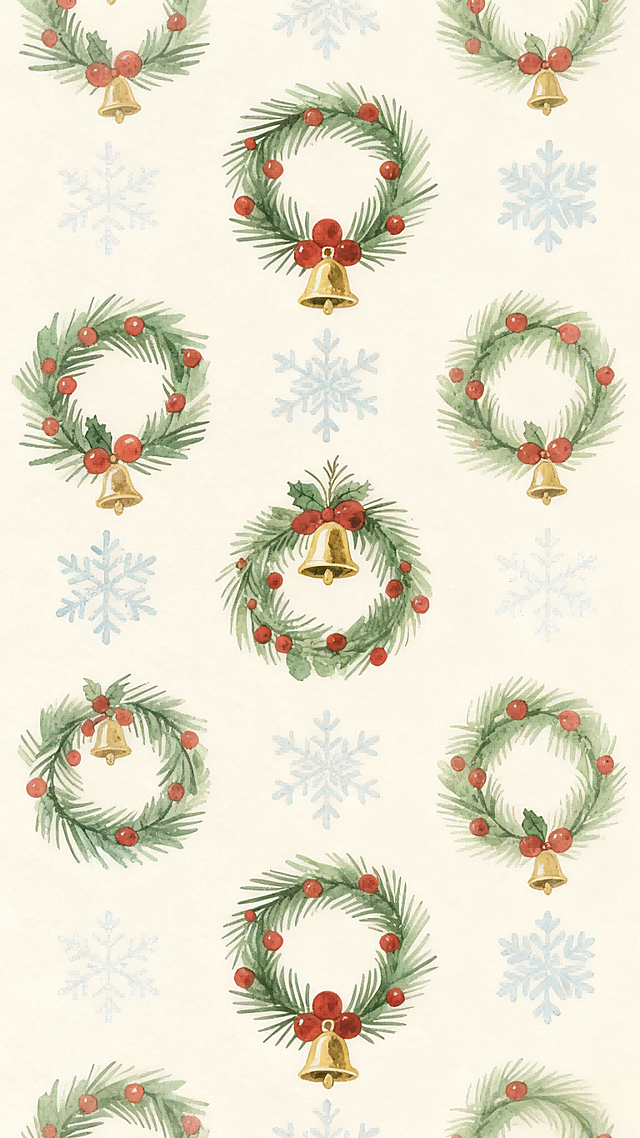 生成一张干净米色底，每种元素分开重复排列的迷你圣诞花环、雪花，印花图案，元素细小密集，紧凑