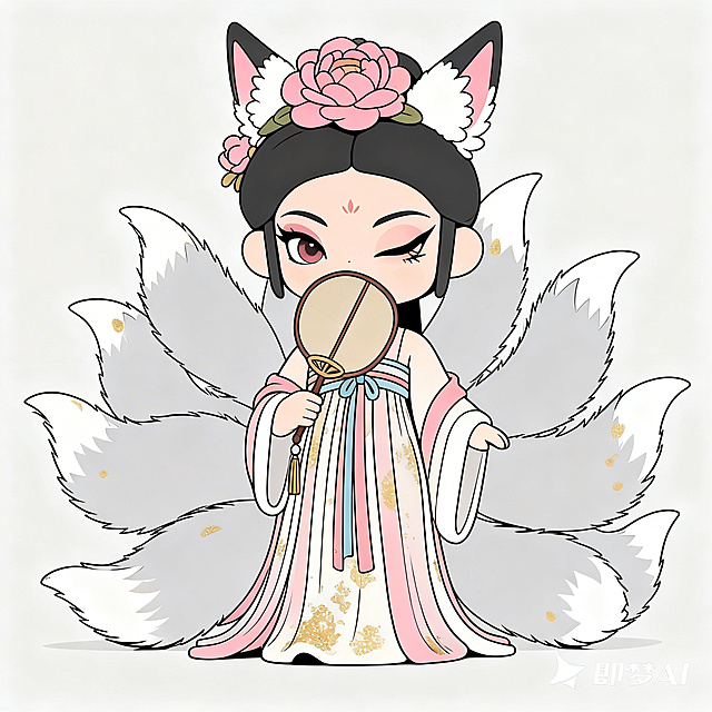 参考原图内容，生成纯正面视角的扁平手绘插画，九尾狐古风汉服女孩，九尾狐耳朵和九条尾巴，头戴牡丹花发饰，手持团扇，wink表情，扁平手绘风格，简约干净，线条清晰