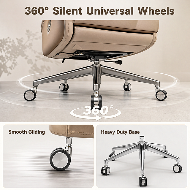 [Main image-4] 360° rolling base function display.
[Atmosphere style] function display picture, consistent with the overall modern business style;
[Image quality] commercial photography, clear focus, real texture, high definition picture.
[Elements] Keep the product appearance, material, color consistent with the input office chair. Close-up focus on the five-star metal base and universal wheels of the office chair. Show the flexible rotation characteristics of the universal wheels. The picture is divided into upper and lower parts, the upper part is a close-up of the base and wheels, the lower part has two small picture-in-picture boxes, showing the smooth sliding effect and load-bearing structure. The overall layout is full screen without border.
[Light and shadow] consistent light direction, soft side light, highlight the metal texture of the base, shadow transition natural.
[Color matching] consistent with the overall color matching of the set, khaki leather main color, metal silver auxiliary color, light background.
[Perspective composition] low-angle close-up, highlight the base structure, clear focus, prominent focus.
[Text layout] all in English, no Chinese characters. Main title "360° Silent Universal Wheels" on top center, bold large font. Two small pictures are marked with "Smooth Gliding" and "Heavy Duty Base" respectively, font size moderate, clear and readable.
[Proportional resolution] 1:1 ratio, 2048px * 2048px, 2K resolution, super high definition.
[Negative prompt] deformation, watermark, text confusion, blurred picture, messy background, Chinese characters