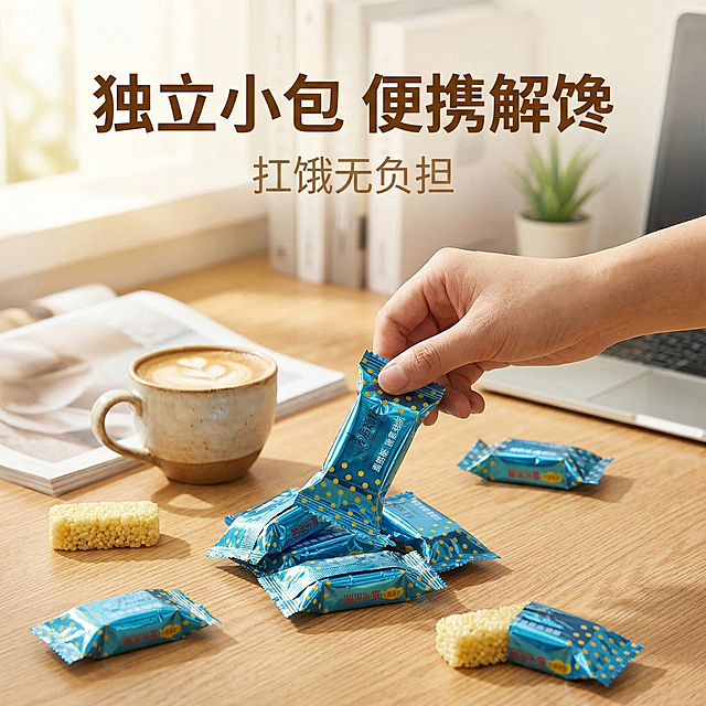 [垫图] https://gdesign-dam-hz.dancf.com/35882260281148560/e7746b8332664e7b9bf8043f5b218f00.png
[主图主题] 小米酥独立小包便携展示
[氛围/风格] 生活化场景，温馨休闲风
[画面元素] 桌面休闲场景，几包独立包装的小米酥散落在浅棕色木质桌面，旁边放着半杯咖啡和一本打开的杂志，营造办公室下午茶休闲氛围，一包独立包装正被手抽出，展示便携性，自然光线柔和温暖，背景铺满全屏
[配色色系] 主色调：木棕、包装蓝、小米黄，暖调生活化配色
[视角构图] 生活化平视构图，主体独立包装占中心位置，背景自然虚化
[文字版式] 文案 “独立小包 便携解馋”，主标题粗体棕色悬浮于画面上方，“扛饿无负担”浅棕色小字副标题，文字干净简洁，不遮挡产品展示
