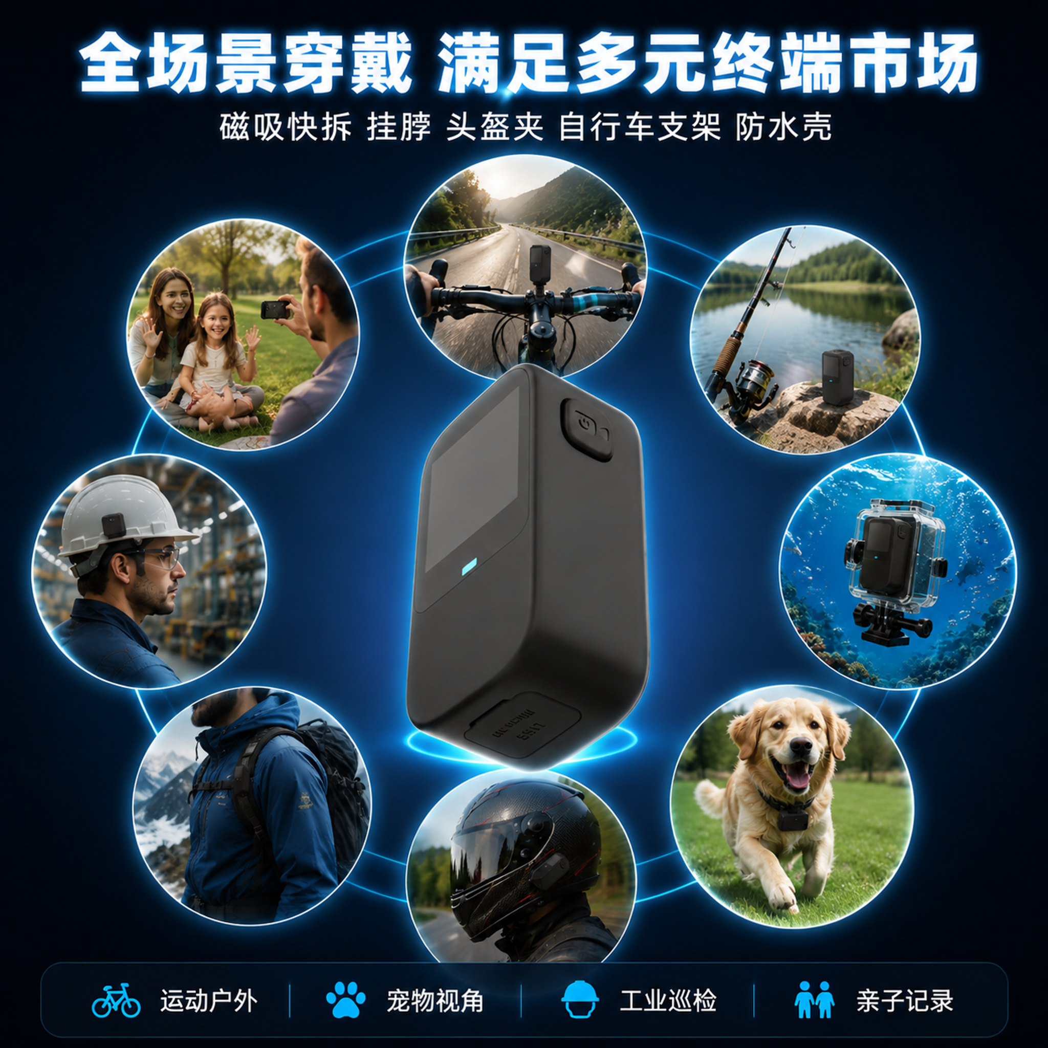 电商主图设计，爆款促销感路线，拇指运动相机全场景穿戴主题。画面… - 图片创意预览