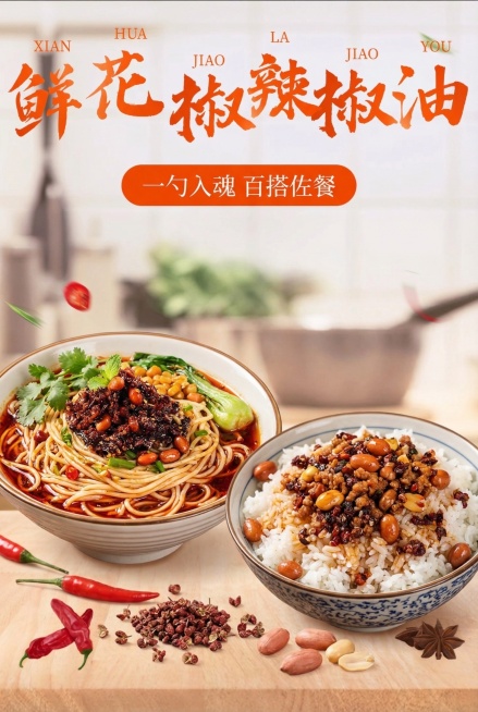 基于参考的鲜花椒辣椒油首图，生成第二款同风格电商详情页，突出产品佐餐属性，搭配拌面、拌饭等食用场景，2:3比例，2K分辨率，风格与参考图统一预览效果