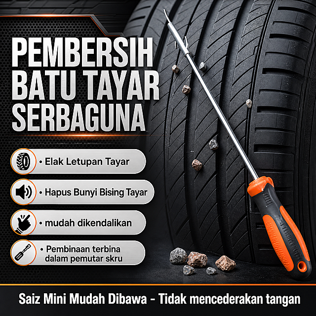 [单张主图] 商品名称：Pembersih Batu Tayar Kereta（汽车轮胎清石钩），走爆款促销感硬朗机械风主图，适配亚马逊跨境平台。
[参考比对] 参考输入产品图，产品为不锈钢金属清石钩，搭配橙色握柄，核心功能是清理轮胎缝隙石子，内置螺丝刀功能。参考版式为左文右图参数型，保留核心卖点展示。
[画面主体] 保持汽车轮胎清石钩的外观、结构、金属材质、橙色握柄颜色与输入产品图绝对一致，杜绝任何变形和色差，精细化处理金属拉丝质感。清石钩主体斜向放置在画面右侧，占比约60%，展示在汽车轮胎缝隙清理石子的使用场景，几颗清理出的石子放在工具旁增加真实感。
[构图版式] 使用左文右品标签参数型版式，左侧38%区域放主标题和卖点标签，右侧产品主体，底部放1条信息通栏，整体信息层级清晰，高信息密度，符合五金器械主图要求。
[场景元素] 背景使用深灰渐变工业机械风背景，带细金属网格纹理，增加硬核感。左侧放卖点标签，每个卖点使用圆角胶囊标签展示，不遮挡主体。底部通栏放核心功能总结。
[文案版式] 主标题："Pembersih Batu Tayar Serbaguna"，大号粗体白色字。卖点文案："• Elak Letupan Tayar" (预防爆胎)、"• Hapus Bunyi Bising Tayar" (消除胎噪)、"• mudah dikendalikan" (操作轻松)、"" • Pembinaan terbina dalam pemutar skru" (内置螺丝刀)，马来西亚语，每个卖点放入独立浅灰色胶囊标签，竖排排列。底部通栏文字："Saiz Mini Mudah Dibawa - Tidak mencederakan tangan"，白色字居中。所有文字为马来西亚语，符合跨境要求，文字清晰可读，无中文字符。
[光影质感] 主光从左侧来，金属清石钩边缘形成高光增强质感，辅助光从右侧补光，消除硬阴影，景深较浅，背景略微虚化突出产品主体，整体为商业摄影质感，画面清晰锐利，金属材质纹理真实可见。
[配色字体] 主色：深灰工业黑，辅助色：金属银色，强调色：橙色（匹配握柄颜色），字体使用粗体无衬线字体，主标题最大，卖点次之，底部文字清晰，对比强烈。
[比例分辨率] 1:1 比例，2048x2048 2K分辨率，文字清晰可辨，超高清。
[负向提示词] 变形，水印，文字错乱，产品图模糊，背景杂乱，中文字符，遮挡主体，价格乱标，最高级词汇，不符合平台规范