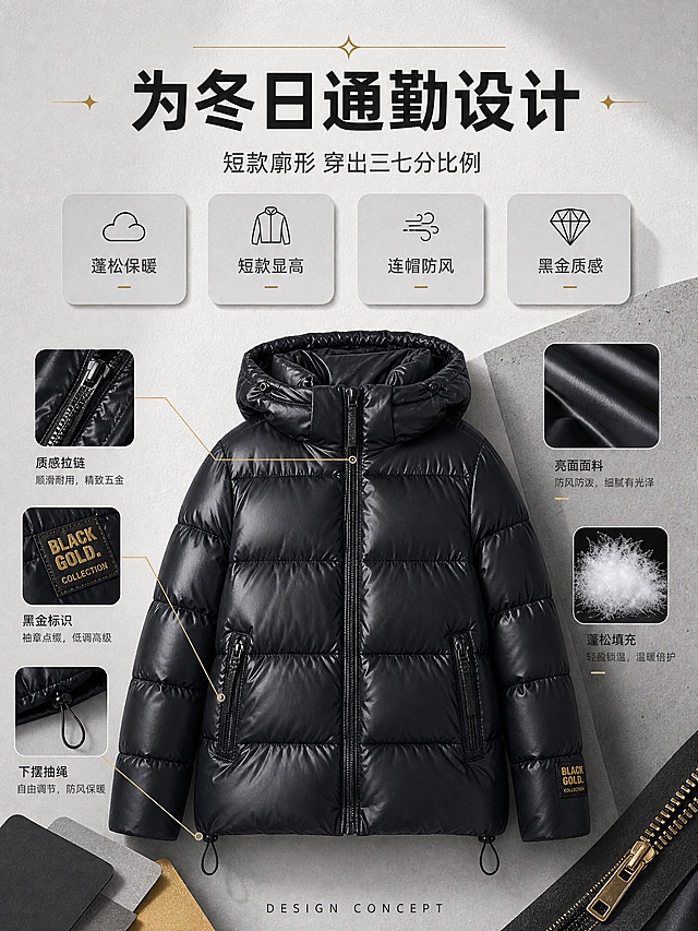 [标题版式] 顶部居中主标题，配左右对称细金线装饰，标题下方关键词卡片横向排列，整体居中对称。标题字=现代无衬线粗体；标题色=炭黑色；装饰=细金色对称线条。
[商品] 使用【图1】【图2】黑金标连帽短款羽绒棉服；保留亮面黑色、横向绗缝、连帽设计、高领拉链、左袖黑金标袖章、短款版型、两侧拉链口袋、下摆抽绳；自然理顺衣身褶皱，增强亮面材质光泽与羽绒蓬松质感，强化缝线与拉链五金细节，不改变版型结构和颜色。
[画面] 目标：设计理念页，传递短款显高+黑金质感的设计方向。构图：上中下结构，顶部标题区，中部4个风格关键词卡片横向排列，底部棉服局部特写+面料小样组合。画面中心偏下位置展示棉服上半身正面局部，连帽立起，黑金标清晰，周围散落面料色卡、拉链五金特写、羽绒蓬松示意等元素，错落有致。背景为浅灰色带细腻纸张肌理，有柔和投影。
[视觉] 套系策略：风格=高级感松弛时尚画报；标题字=现代无衬线粗体；正文字=简洁无衬线体；主色=炭黑+高级灰；背景延展=基于冷调灰做深浅层级渐变、建筑肌理与柔和光影；强调色=金属金，仅用于小面积图标、引线、标签和装饰线；标题色=炭黑色；正文色=中灰色；组件=圆角浅灰信息卡、细金色引线、极简图标；光影=顶部柔和漫射光，元素有自然投影。
[文字] 顶部主标题「为冬日通勤设计」，副标题「短款廓形 穿出三七分比例」。中部4个关键词卡片：「蓬松保暖」「短款显高」「连帽防风」「黑金质感」，每张卡片配极简线条图标。底部小号英文「DESIGN CONCEPT」。文字全部横排，层级清晰。
[规格] 图片比例3:4竖版，4K，避免变形、错字、文字过小、白底孤立、颜色偏差、版型失真。