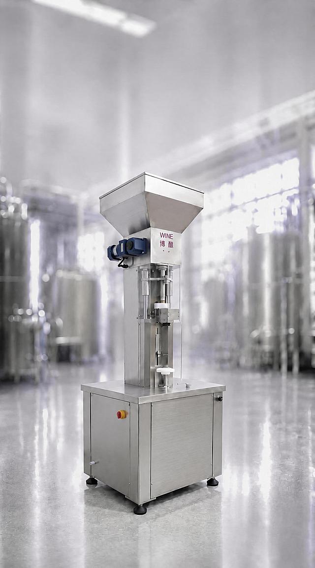 将【图2】带正确LOGO "WINE 博酿"的香槟打塞机，完整抠出后合成到【图1】的虚化生产车间背景中，按照原图设备大小、位置精准放置，保持设备本身所有细节、结构、材质、LOGO文字完全不变，精准匹配背景光影，添加正确自然投影，确保融合自然，保留原背景虚化程度，仅替换主体设备，保证最终LOGO文字正确无误。