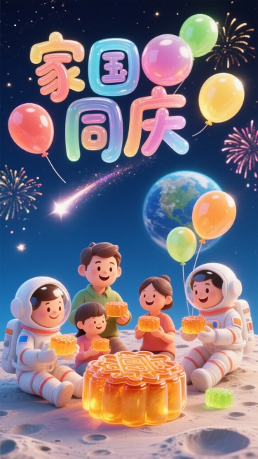 宇航员与家人在月球表面围坐，手持月饼，面带微笑，背景是地球和绚烂的烟花，流星划过夜空，“家国同庆”文字采用气球风格设计，整体呈现3D果冻质感，色彩鲜艳，氛围温馨温暖喜庆预览效果