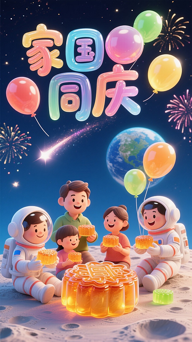 宇航员与家人在月球表面围坐，手持月饼，面带微笑，背景是地球和绚烂的烟花，流星划过夜空，“家国同庆”文字采用气球风格设计，整体呈现3D果冻质感，色彩鲜艳，氛围温馨温暖喜庆
