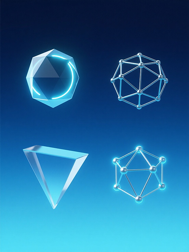 纯色背景，科技风格3D渐变几何图形系列素材集合，画面整体色彩变换为深蓝与亮青色渐变，保留原有的平滑3D质感与柔和光影效果，包含四个完全不同的规整排布元素：左侧为带环形光晕的立体八面体，中央是悬浮的半透明三角棱镜，右侧为嵌套式的多面体网格结构，底部是带有发光节点的几何连接线框架，所有元素均呈现科技感的金属光泽与渐变过渡，整体构图平衡对称，视觉层级清晰，信息传达高效，符合科技主题的设计感与未来感。