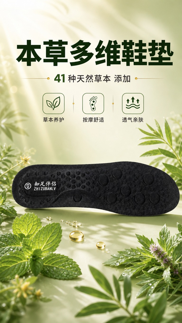 [商品] 使用【图1】黑色本草多维鞋垫；保留鞋垫整体轮廓、足底… - 图片创意预览