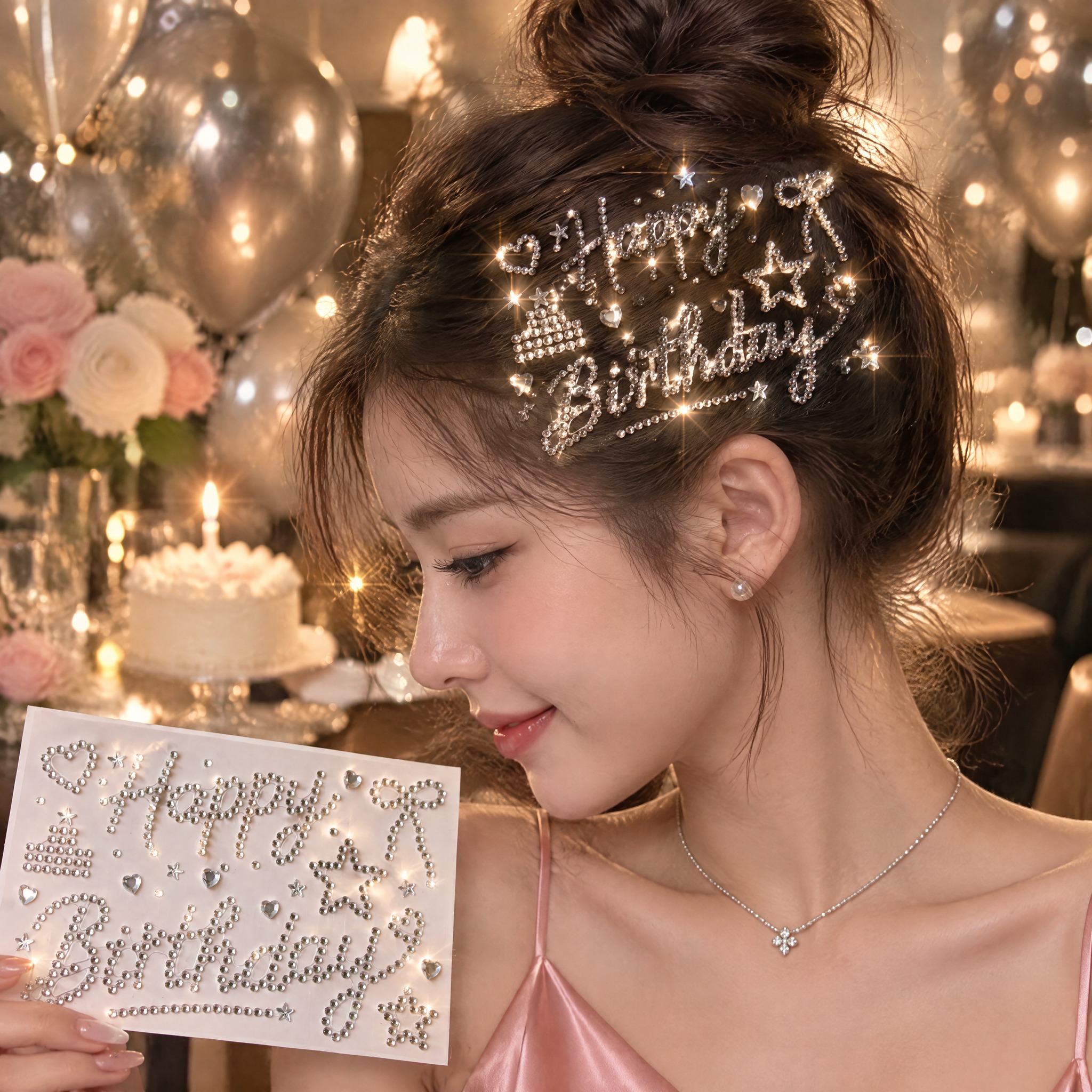 严格还原参考图中银色Happy Birthday水钻钻贴的产品… - 图片创意预览