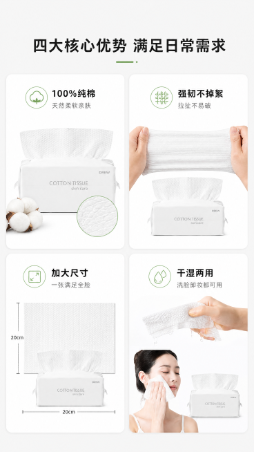 [第3屏] 核心优势四宫格拆解，一次性全棉洗脸巾四大核心卖点展示。
[氛围/风格] 简约清晰卡片式排版，柔和干净，信息层级分明，商业展示质感。
[元素布局] 采用2x2圆角卡片四宫格布局，每个卡片展示预览效果